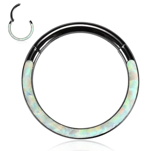 Opal Septum Jewelry Surgical Steel Septum Ring Daith Rook Tragus Earring | Hinged Segment Nose Hoop Ring,Hypoallergenic Septum Piercings for Women,Conch Cartilage Helix Jewelry,Diameter 6mm to 10mm - color: Black,White Opal, size: 16G 10mm