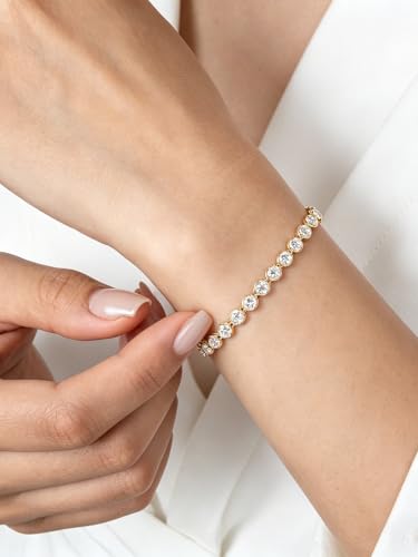 Sterling Silver 14K Gold Plated 2.5mm/3mm/4mm/5mm Round Cut Moissanite Tennis Bracelet, Classic Luxury Bezel Set Diamond Bracelets for Women Men Wedding Birthday Jewelry, Size 6.5" 7" 7.5" 8.3" - color: CZ-5mm Width-Gold, size: 6.5 Inch (Fit Wrist 5.5"-6"