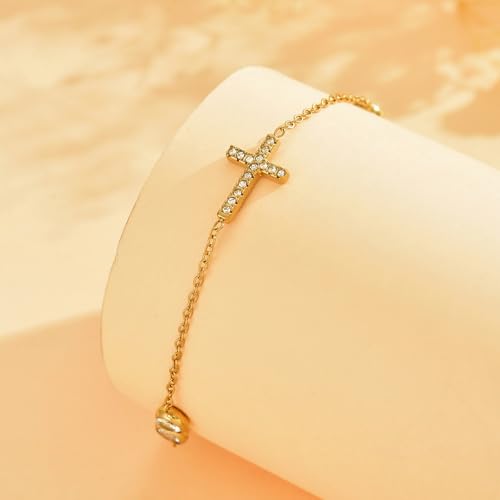 NONAMOIS 18K Gold Plated Diamond Ankle Bracelets for Women Waterproof Gold CZ Pearl Bow Link Chain Anklets Non Tarnish Summer Beach Foot Jewelry Gifts - color: 4CZ &CZ Cross-Gold