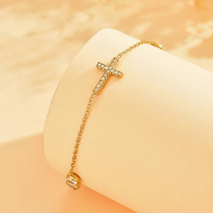 NONAMOIS 18K Gold Plated Diamond Ankle Bracelets for Women Waterproof Gold CZ Pearl Bow Link Chain Anklets Non Tarnish Summer Beach Foot Jewelry Gifts - color: 4CZ &CZ Cross-Gold