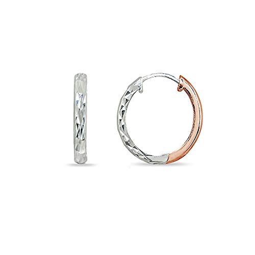 Sterling Silver 16mm Oval Small Hinged Huggie Hoop Earrings, Choose an Option - color: Diamond Cut - 2-Tone Rose