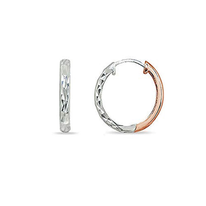 Sterling Silver 16mm Oval Small Hinged Huggie Hoop Earrings, Choose an Option - color: Diamond Cut - 2-Tone Rose