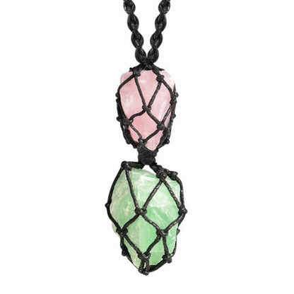 Anjiucc Handmade Crystal Cage Holder with Raw Gemstone Pendant Necklace Natural Stone Healing Crystal Necklace Adjustable Length - color: Green Fluorite+Rose Quartz