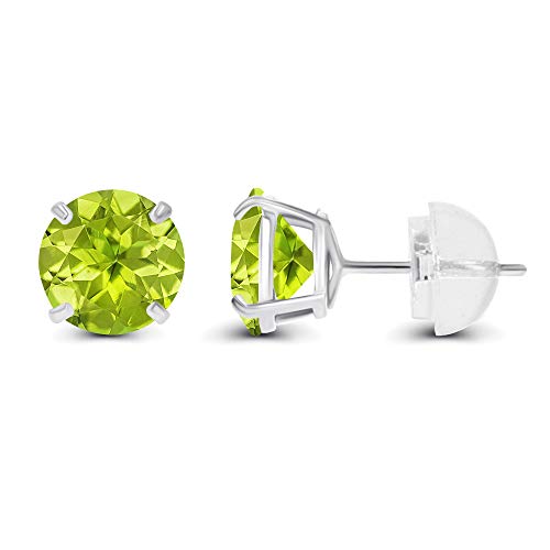 Solid 14K Yellow, White or Rose Gold 4mm Round Genuine Gemstone Birthstone Prong Set Stud Earrings For Women - color: Peridot