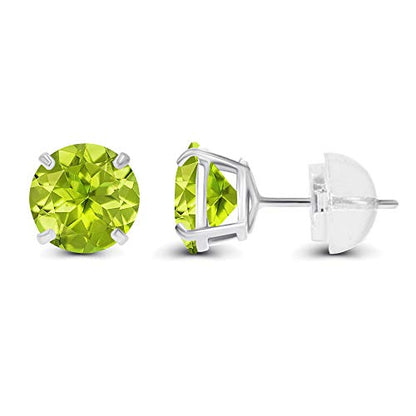 Solid 14K Yellow, White or Rose Gold 4mm Round Genuine Gemstone Birthstone Prong Set Stud Earrings For Women - color: Peridot