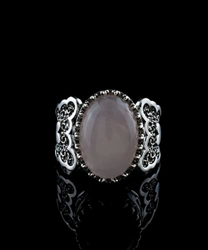 Filigranist 925 Sterling Silver Handcrafted Filigre Art Double Heart Detailed Women Cocktail Ring with Gemstones - color: Rose Quartz