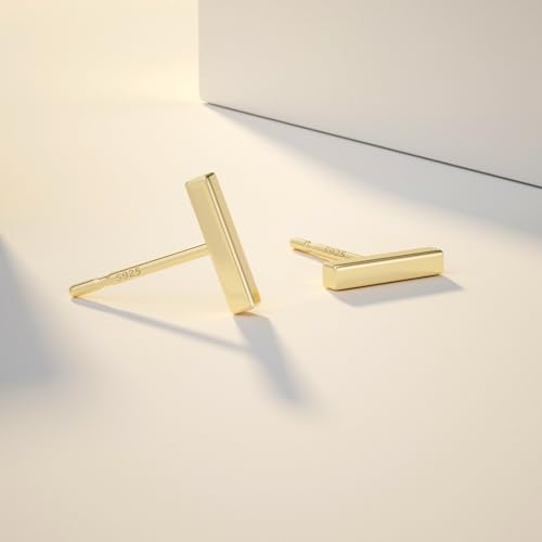 JIAYIQI Minimalist 925 Sterling Silver Stud Earrings Set, 14K Gold Plated Hypoallergenic Tiny Bar Dot Heart Star Studs for Women & Men - style: Gold-Bar-1 Pair