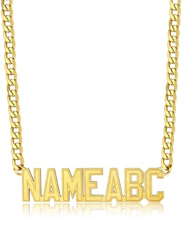 GoldChic JEWELRY Name Necklace Personalized for Men, Womens Custom Name Plate Chain, Stainless Steel Customized Old English Nameplate Choker with Curb Chains Custom, 16 inches to 30 inches - color: Cuban Chain 6 mm- Gold(Large Pendant)