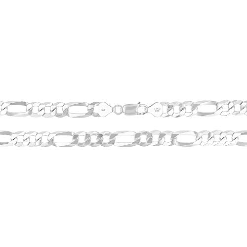 14K Gold or Rhodium Plated Silver Figaro Chain For Men | 1mm-13mm Thick | Solid 925 Figaro Italian Necklaces For Men - style: 7.70MM- White