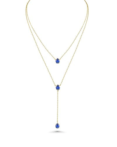 SNGIA Long 18K Gold Plated Blue Green Red Layered Pendant Necklace For Women (Emerald, Ruby, Seafoam, Sky, Sapphire, Pink), Dainty Birthstone Necklace, Statement Necklace Jewelry Gifts. - style: Sapphire