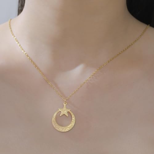 VASSAGO Islamic Ayatul Kursi Necklace Crescent Moon and Star Pendant Arabic Muslim Quran Calligraphy Allah Jewelry Stainless Steel Islam Eid Ramadan Gift for Women Men - color: Gold