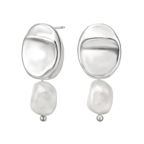 Gold Earrings 14k Gold Plated Hoop Earrings Dainty Pearl hoop Disc Coin Bead Starfish Teardrop Circle Dangle Drop Earrings for Women Hypoallergenic Jewelry Gifts - color: Pear Earrings-Silver