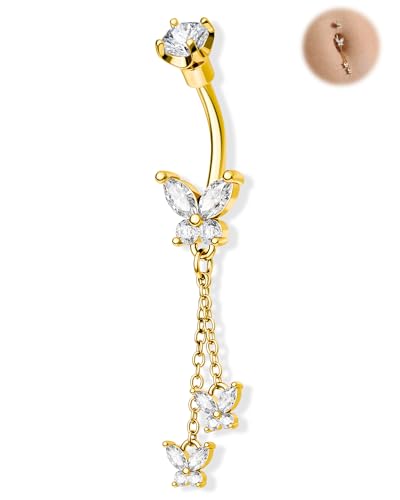 Cute Belly Button Rings Dangle 14G Butterfly Belly Button Piercing for Women Gold Navel Ring 316L Surgical Steel Navel Piercing Jewelry - color: Gold