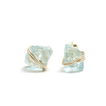 Gempires Wire Wrapped Raw Gemstone Stud Earrings for Women, Birthstone | Handmade wire-wrapped raw gemstone stud earrings — choose from stones and birthstones, artisan raw crystals on gold. - style: Aquamarine