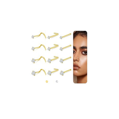 20G/18G Nose Studs Stainless Steel Nose Piercing Nose Ring Set I L S Shape Body Piercing Nose Hoop Ring for Women Men - color: D-12PC-Gold