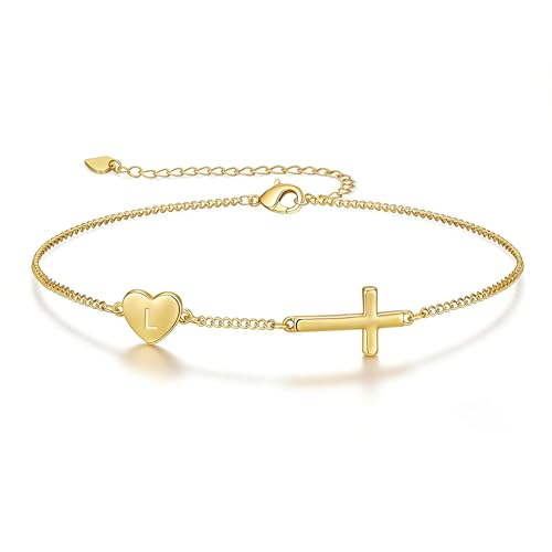 Lunvky 14k Gold Plated Initial Cross Bracelets for Women, Silver Dainty Cute Heart Name Letter Bracelet for Teen Trendy Stuff Confirmation Religious Christian Jewelry Birthday Jesus Gifts - color: Gold, size: Initial-L