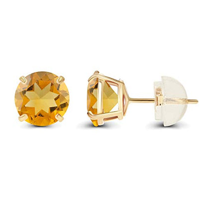 Solid 925 Sterling Silver Gold Plated 6mm Round Genuine Birthstone Gemstone Hypoallergenic Stud Earrings For Women - color: Citrine
