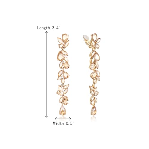 Crysdue Clip On Earrings for Women Rhinestone Crystal Teardrop Cluster Wedding Bridal Non Pierced Long Dangle Earring for Prom Party - color: Champagne Gold-Tone