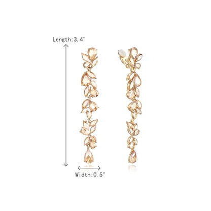 Crysdue Clip On Earrings for Women Rhinestone Crystal Teardrop Cluster Wedding Bridal Non Pierced Long Dangle Earring for Prom Party - color: Champagne Gold-Tone
