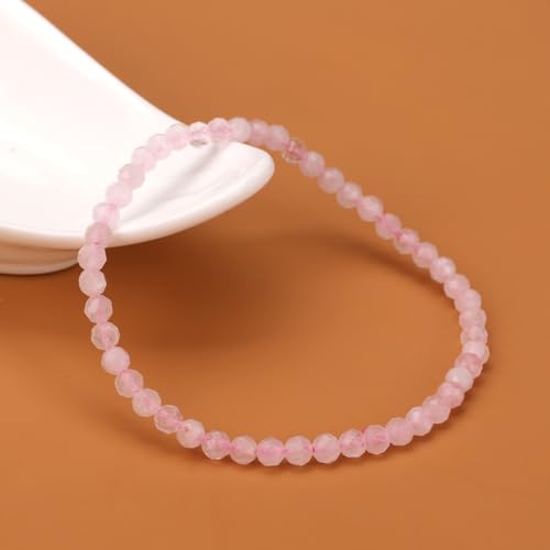 Natural Faceted Crystal Bracelet for Women,4mm Gemstone Round Beads Bracelets Adjustable Stretchy Healing Crystal Beads Bracelets Dainty Jewelry Gift - color: Rose Quartz