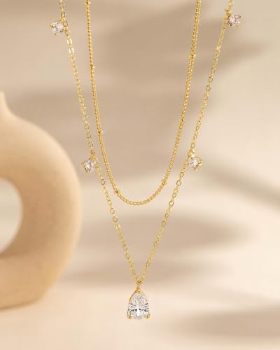 Gold Necklace Stack, Layered Gold Necklaces for Women Jewelry Set | 14K Gold Plated, Separate Chains, Pendant, Dainty, Non Tarnish, Delicate, Chain, Multi, Gift - color: 2 Layer-Teardrop Sation Gold