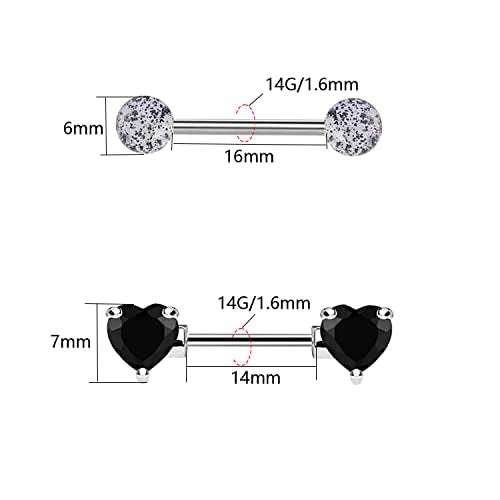 VERAMI 14G Stainless Steel Heart Nipple Rings and Barbell - Butterfly, Starlight Acrylic Ball, Tongue Rings for Women and Men - color: T-BLACK-CZ