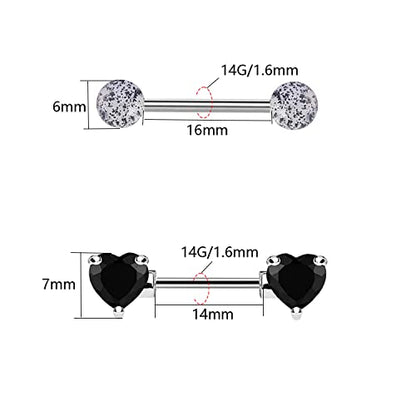 VERAMI 14G Stainless Steel Heart Nipple Rings and Barbell - Butterfly, Starlight Acrylic Ball, Tongue Rings for Women and Men - color: T-BLACK-CZ