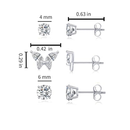 Butterfly Stud Earrings Set for Women, Small CZ Earrings Studs Set | 14K Gold Plated Stud Earring 3 Stack, Hypoallergenic with S925 Silver Posts, Everyday Jewelry Set for Women’s Daily Styling - color: Platinum