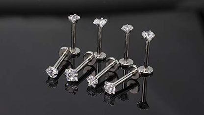 HQLA 16G Love/Star/Square/Round Shape Clear CZ Labret Monroe Lip Ring Tragus Nail Helix Earring Stud Piercing Jewelry Surgical Stainless Steel Bar 8mm CZ 3mm 4 Pairs