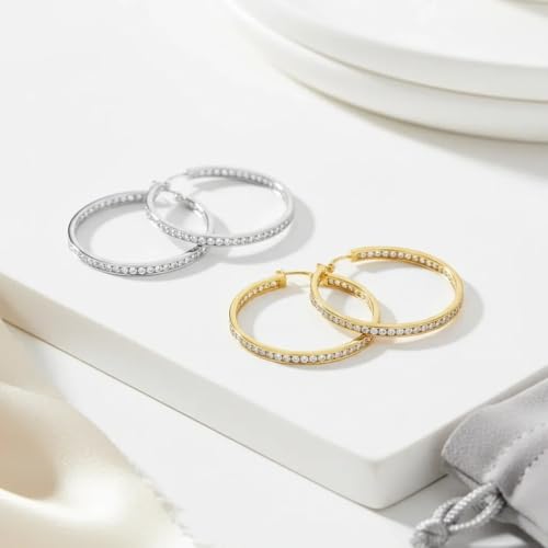Stainless Steel Inside Out 40mm Hoop Earrings for Women – Sparkling CZ Crystal Hoops, Hypoallergenic, Lightweight, Modern Everyday Earrings – Silver, 18K Gold Plated, & Black Options - color: Silver + 18K Gold Plated
