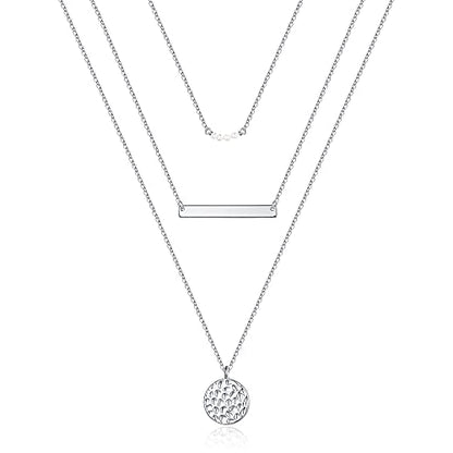 Turandoss Dainty Layered Choker Necklace, Handmade Y Pendant Necklace Multilayer Bar Disc Necklace Adjustable Layering Choker Necklaces for Women - style: 3PCS Silver - simulated Pearls&Bar&Hammered Disc