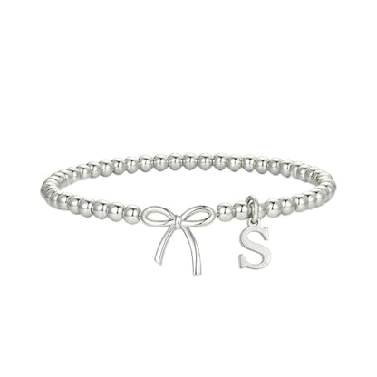 Letter A-Z Bracelets for Women Teen - Inital Beaded Bracelet with Bowknot Charm, Dainty Stretch Stackable Bracelet, Trendy Jewelry Gifts for Birthday Easter Basket Stuffers - style: Silver: S