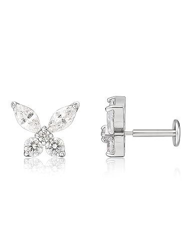 Limerencia G23 Hypoallergenic 18g Flat Back Stud Earrings | F136 Implant Grade Titanium Press Fit Threadless Push Pop in Cartilage Helix Labret Lip Monroe Tragus Piercing Studs - color: Butterfly CZ Silver