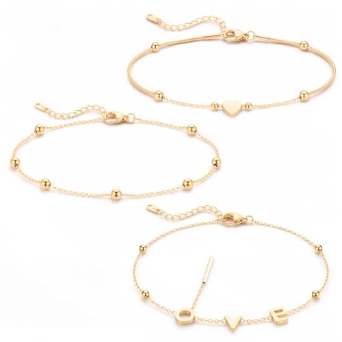 14K Gold-Plated Anklets for Women, 3Pcs Dainty Golden Anklet Set, Waterproof Tarnish Resistant Adjustable Ankle Bracelets (8.26"+1.57" Extender), Hypoallergenic Summer Jewelry Gift