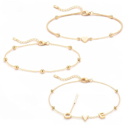 14K Gold-Plated Anklets for Women, 3Pcs Dainty Golden Anklet Set, Waterproof Tarnish Resistant Adjustable Ankle Bracelets (8.26"+1.57" Extender), Hypoallergenic Summer Jewelry Gift