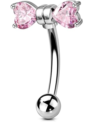 OUFER 16G Rook Earring Piercing Jewelry-316L Surgical Steel Pink Clear CZ Bow Eyebrow Rings, 6/8MM Curved Barbell Vertical Labret Lip Piercing Jewelry - color: Silver-PK