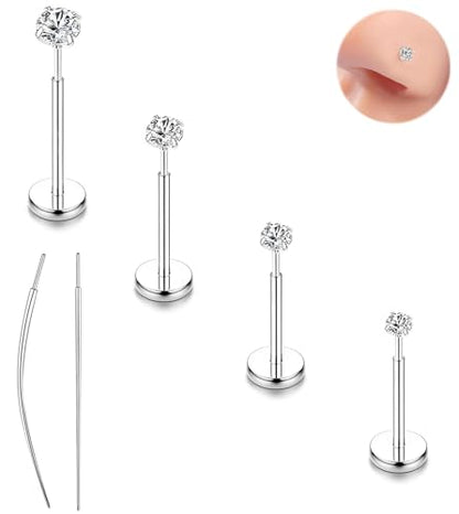 16G 18G 20G Hypoallergenic Threadless Flat Back Nose Studs Women | Medical Steel, CZ 1.5-3mm, Nostril Tragus Helix Piercing, A Secure Fit And Everyday Wear For Sensitive Skin - color: Silver-B
