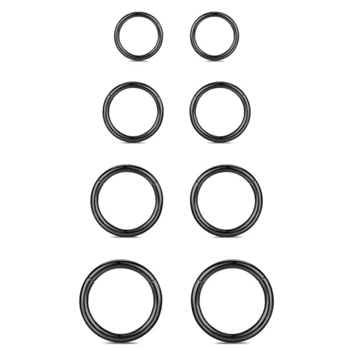 WBRWP 316L Stainless Steel Nose Rings Hoop for Women Men Hypoallergenic | 20G 18G 16G 14G Conch Piercing Jewelry Segment Clicker Lip Rings Helix Cartilage Rook Earrings Diameter 6mm 8mm 10mm 12mm - color: 8pc set in black color(each dia. 2 pc)