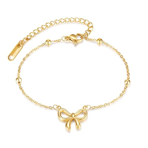 Gold Bow Bracelets Dainty Gold Plated Chain Bracelets Necklaces Set Ribbon Choker Bracelets Necklaces Trendy Jewelry Gifts for Women - color: Gold