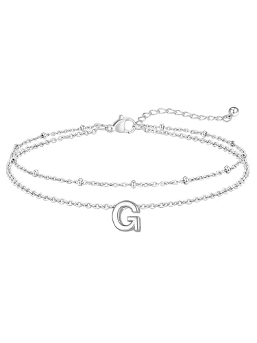 FaithHeart Initial Ankle Bracelets for Women, Waterproof 14k Gold Plated Initial Anklets Non Tarnish Stainless Steel Cute Layered Anklet Summer Beach Jewelry - color: Silver, size: Initial G