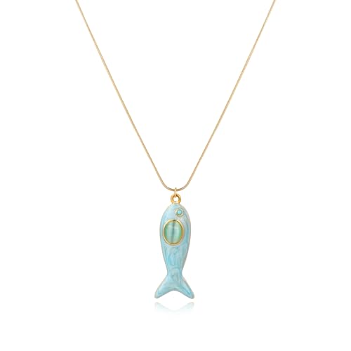 Boho Summer Fish Sea Pendant Charms Necklace For Women,Colored Seashore Ocean Holiday Stainless Steel Chain Surfer Jewelry Choker Necklace Adjustable - color: Blue