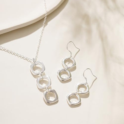 3 Circles Silver Hoop Earrings Necklace Set for Women Geometric Jewelry Set | 925 Silver Hypoallergenic Small Hoop Circle Geometry Textured Finish Minimalist Style Comfortable Wear - style: 3 Hoop