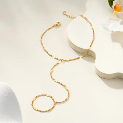 Eaciy 3PCS Gold Hand Chain Bracelets for Women, 18K Gold Plated Dainty Stackable Hand Chain Bracelet Ring Gold Bracelets for Women Trendy Gold Jewelry Set - color: 10-Bar-Hand Chain