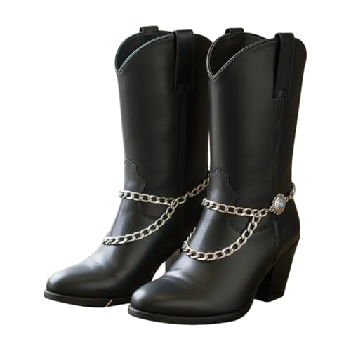 TrendyFashionJewelry Women’s Turquoise Concho Boot Chains – 2 Pcs Pair, Silver Double-Layer Boot Anklet Bracelets, Adjustable 11–15 in, Western Cowgirl Flower Charm, Handmade in USA BC25