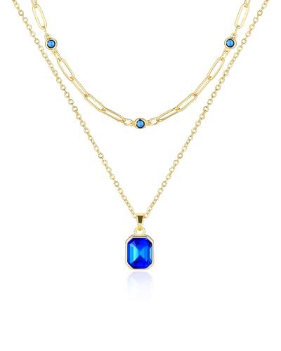 Gold Layered Necklaces for Women, 18k Gold Plated Crystal Necklace Paperclip Choker Emerald Green Jewelry for Women Gifts - color: Sapphire blue