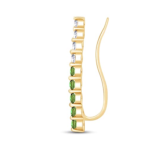 Floating Curved Bar One Piece Left Ear Crawler Earrings With Birthstone | White CZ In 14K Yellow Gold Over Sterling Silver - color: Simulated Peridot