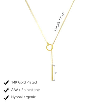 Luxval Lariat Gold Necklace for Women, Dainty Long Necklace 14k Gold Plated/Silver Y-Shaped Pendant Necklaces Trendy Beaded Chain Drop Necklaces Jewelry for Women Gifts - color: Gold-Y Circle Bar