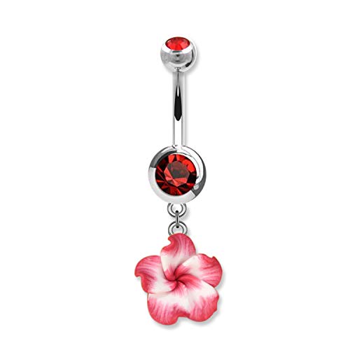 Assorted Set 14 Gauge 3/8 Inch 316L Surgical Steel Barbell Belly Button Navel Rings Dangles Boho Hawaiian Plumeria Flower - style: 4 Belly Dangle