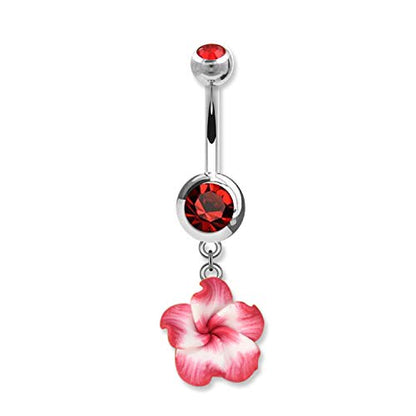 Assorted Set 14 Gauge 3/8 Inch 316L Surgical Steel Barbell Belly Button Navel Rings Dangles Boho Hawaiian Plumeria Flower - style: 4 Belly Dangle