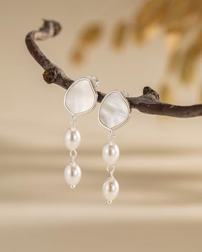 Pearl Earrings - 14K Gold/White Gold/Rose Gold Plated Cubic Zirconia CZ Diaomond Accented Pearl Drop Dangle Earrings for Women Wedding Bridal Prom - color: Silver Mother of Pearl